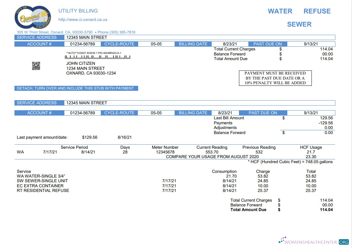 download USA California City of Oxnard utility bill template in Word and PDF format PDF template